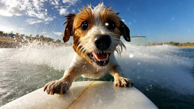 A joyful dog balances on a surfboard while catching waves at a vibrant beach. The atmosphere is lively, with blue skies and playful ocean splashes enveloping the scene