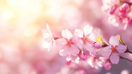 Delicate pink sakura blossoms on a sunlit backdrop A dreamy springtime scene capturing the beauty of cherry blossoms in Japan