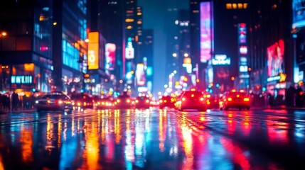 Obraz premium Vivid neon-lit street scene at night with cars and reflections on wet pavement capturing the energetic atmosphere of city nightlife. Generative AI