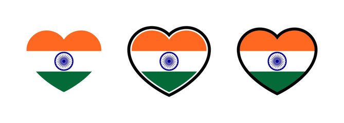 India Flag Heart. Flag of India Heart Shape. Set of Indian Flag Hearts Vector. 