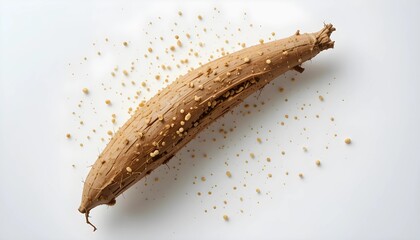Single Maca Root Lying Horizontally on White Background, Representing Superfood Benefits, Adaptogenic Properties, and Natural Health Supplements, Highlighting Maca as Vital Ingredient for Boosting Ene