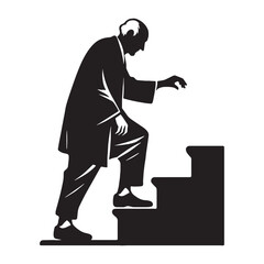 Wise Climbing Stairs Oldman silhouette, reflecting on a lifetime of steps - Oldman illustration - Minimalist Climbing Stairs Oldman vector - Thoughtful elder
