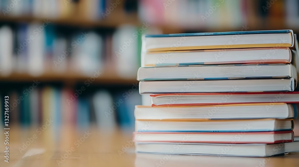 Leinwandbilder Stack of colorful books arranged neatly on a table in a cozy library setting : Generative AI