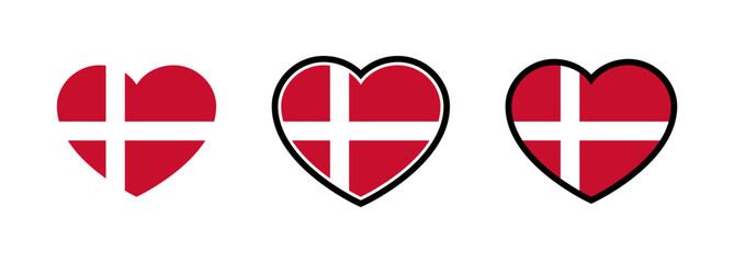 Denmark Flag Heart. Flag of Denmark Heart Shape. Set of Danish Flag Hearts Vector. 