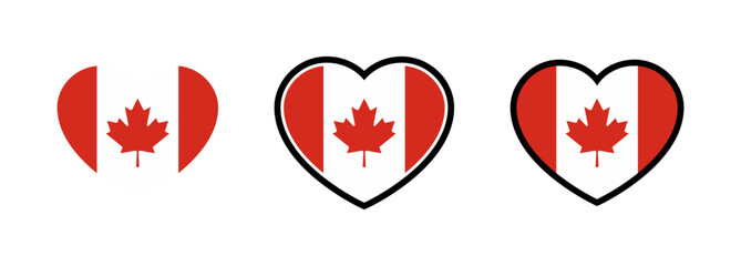 Canda Flag Heart. Flag of Canda Heart Shape. Set of Canadian Flag Hearts Vector. 