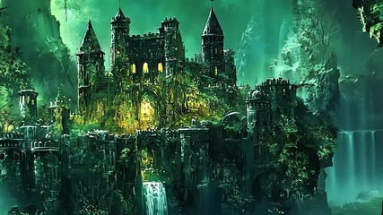 Enchanted castle surrounded by lush greenery and cascading waterfalls in a mystical forest setting