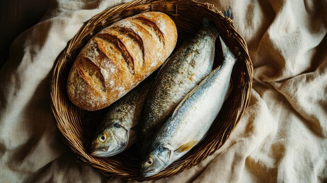 Fresh fish and a loaf of bread placed together in a natural wicker basket
