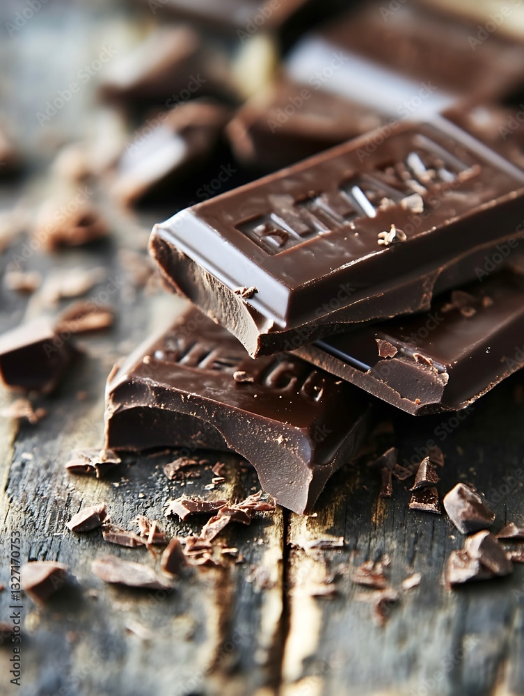 Poster Close up image of broken chocolate bars and shavings on a rustic wooden surface : Generative AI