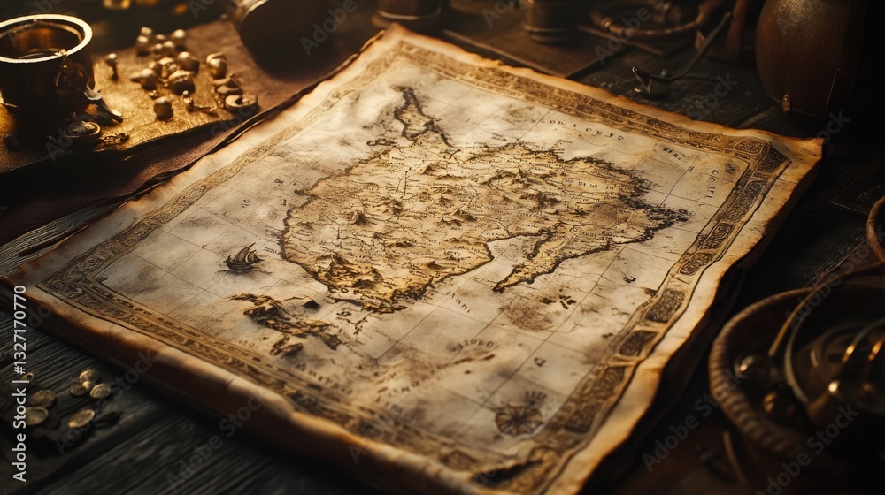 Aufkleber a vintage map surrounded by various objects