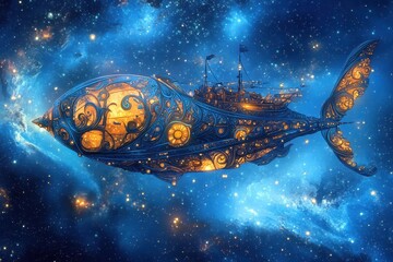 A steampunk embellished spaceship travels through a vibrant starry galaxy