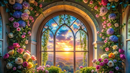 Pastel Floral Arch Window Silhouette, Silhouette Photography, Ornate Arch, Floral Decorations, Window Silhouette,  Romantic Silhouette,  Architectural Silhouette,  Elegant Silhouette