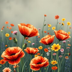 Fototapeta premium A Vibrant Meadow of Poppies and Wildflowers
