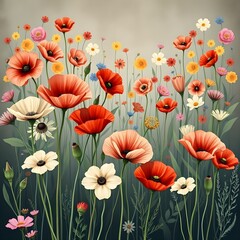 Fototapeta premium A Vibrant Meadow of Poppies and Wildflowers