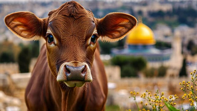 a young red Heifer looking at camera with Israel cityscape background
