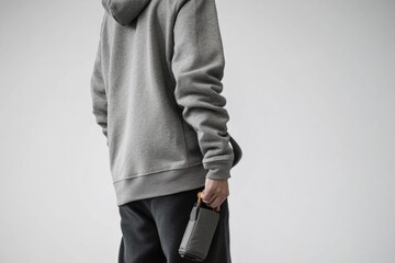 A person holding a camera, dressed in casual clothing, possibly preparing for an adventure or capturing memories