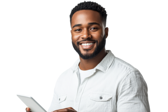 Smiling man holding tablet with confident demeanor