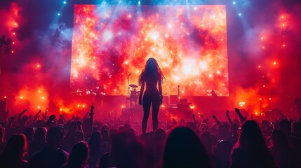 Fototapeta premium Performer singing on stage with a vibrant light show and a massive screen in the background. Generative AI