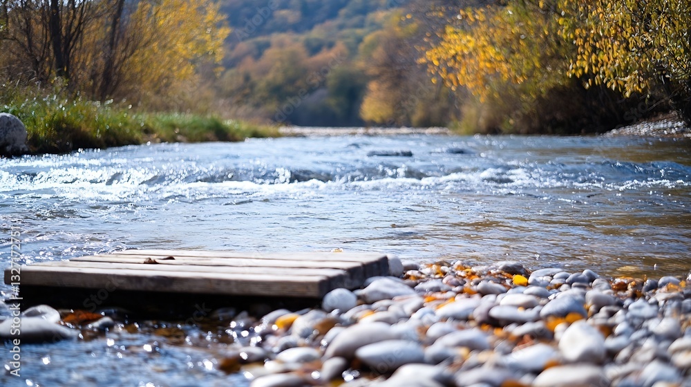 Poster Autumn Stream Flowing Gently Over Smooth Rocks Surrounded by Colorful Fall Foliage : Generative AI