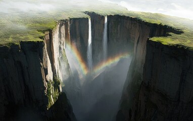 Fototapeta premium Majestic waterfalls cascade down steep cliffs, creating a vibrant rainbow in the mist. Lush green vegetation surrounds the dramatic landscape. The sunlight illuminates the scene, enhancing its