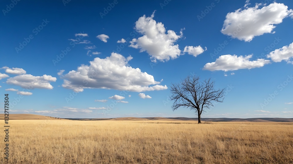 Leinwandbilder isolated single tree standing in a golden dry grass field under a bright blue sky with fluffy clouds