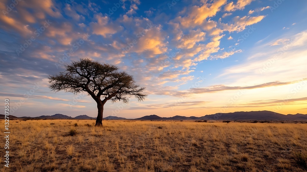 Poster single tree standing in golden grass field under a stunning sky with colorful clouds at sunset : gen