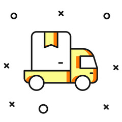 Filled outline Delivery cargo truck vehicle icon isolated on white background. Flat filled outline style with shadow. Vector