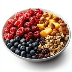 Nutritious bowl filled with fresh fruit and nuts isolated on a bright white background for healthy lifestyle promotion