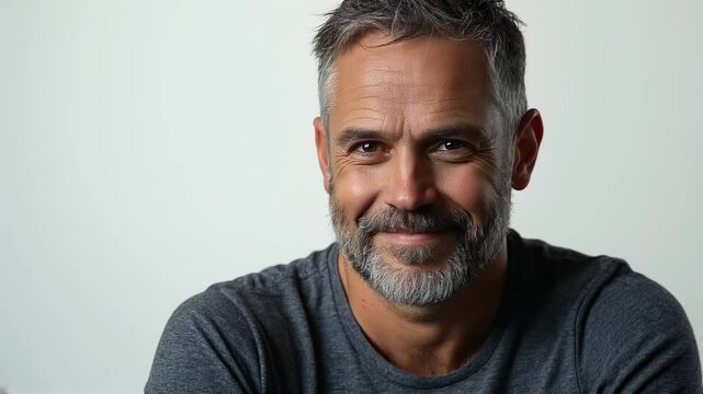 Handsome middle aged man with grey beard and hair smiling modestly