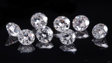 A group of high-quality diamonds scattered on a reflective glass surface, elegance and luxury