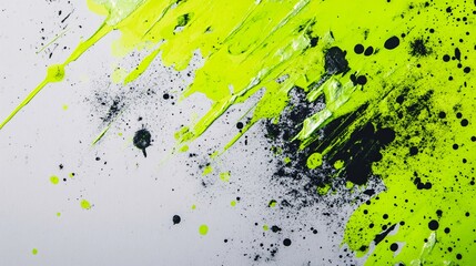 Chaotic splashes in neon green and frosted silver plain background