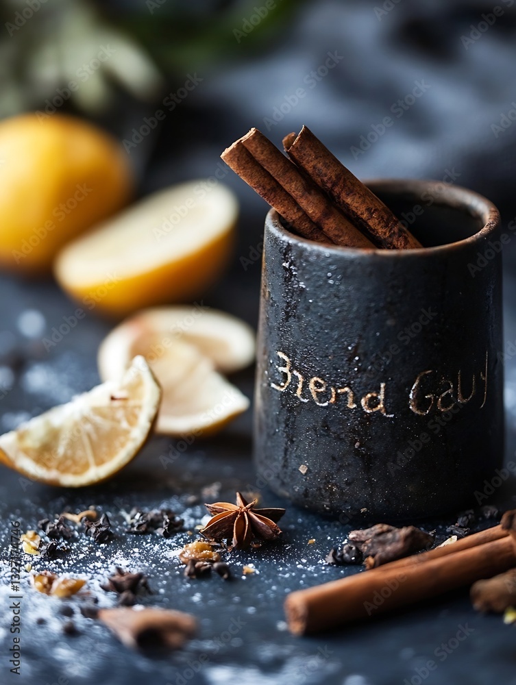 Poster Charming image of spices including sticks of cinnamon and lemon slices arranged artfully in a rustic cup : Generative AI