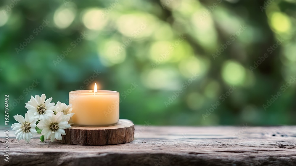 Poster Elegant candle lit beside white flowers creating a calming atmosphere in a beautifully blurred green setting : Generative AI