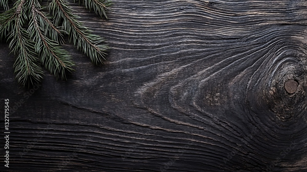 Poster elegant dark wooden surface with green pine sprig in a minimalistic natural setting : generative ai