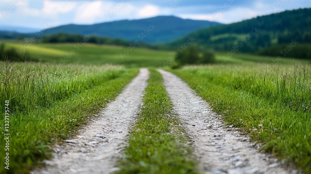 Poster scenic dirt path leading through lush green fields under cloudy skies : generative ai