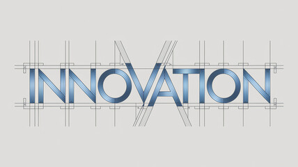 Blue metallic word "Innovation" displayed with technical blueprint-style guidelines, symbolizing technological advancement, precision, and creative design