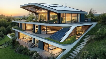 An energy-efficient home concept with insulation layers and solar technology.