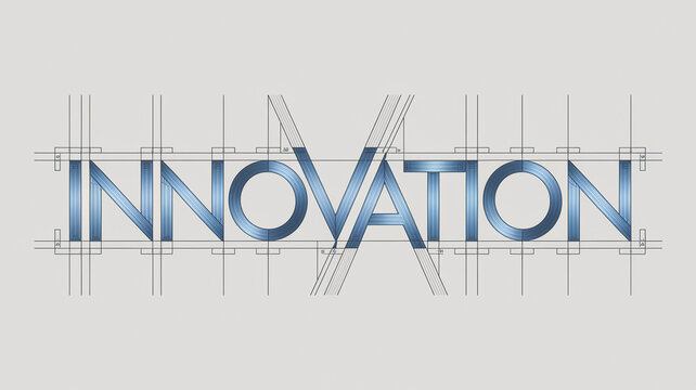 Blue metallic word "Innovation" displayed with technical blueprint-style guidelines, symbolizing technological advancement, precision, and creative design