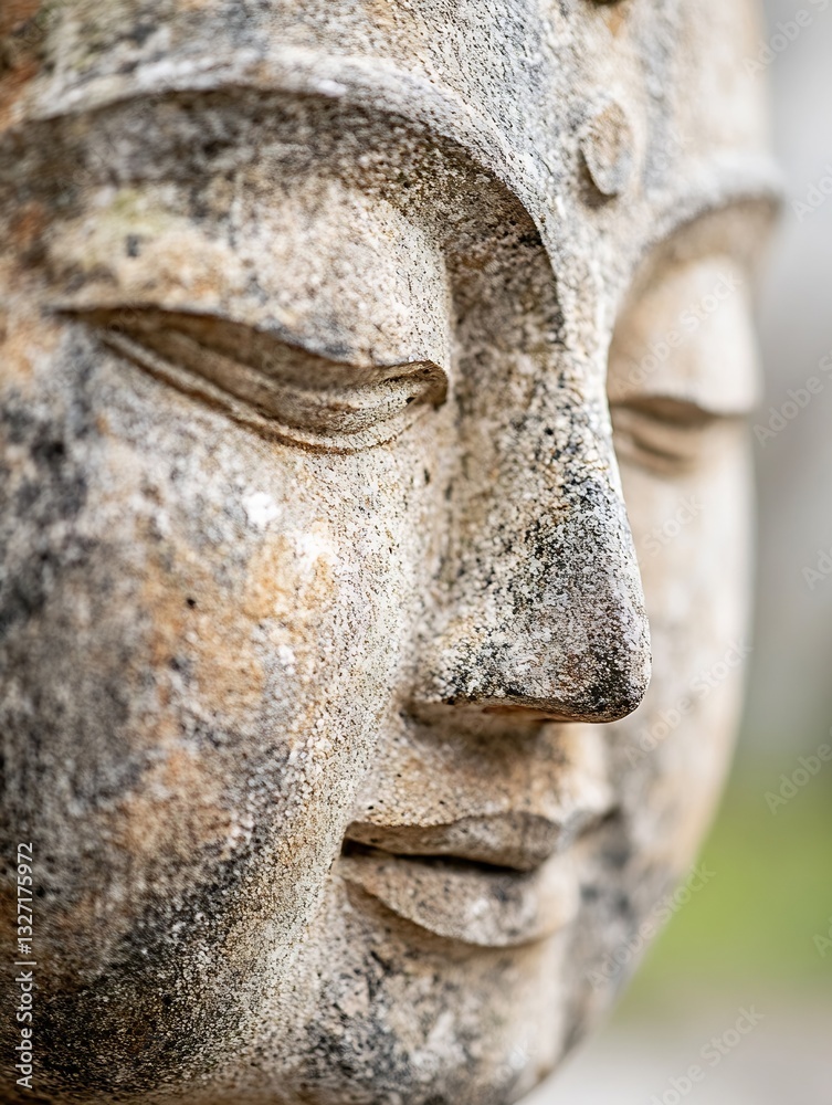 Poster intricate closeup of a serene stone buddha face symbolizing peace and tranquility in nature : genera