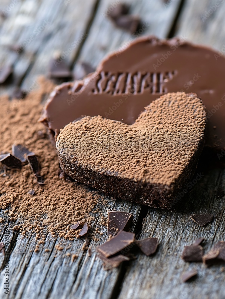 Poster deliciously crafted heart shaped chocolate and cocoa on rustic wooden table for dessert lovers : gen