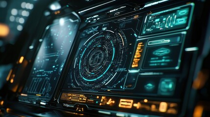 Obraz premium Futuristic Spaceship Control Panel Interface: High-Tech Dashboard Design
