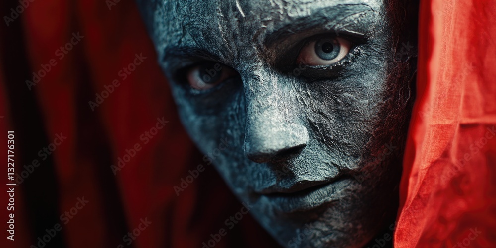 Poster portrait of an individual with a colorful mask or makeup, ideal for use in creative projects and the