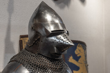 Detailed close-up of a medieval knights metal helmet
