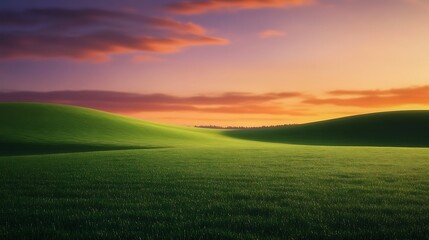 A vast lush green field stretching into the horizon, illuminated by the warm hues of an evening sunset, with the sky painted in shades of orange, 