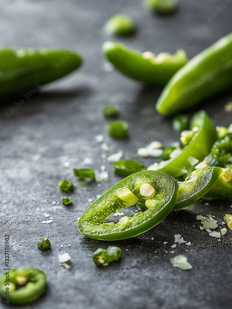 Poster sliced fresh green jalapeno peppers arranged artfully over a dark surface : generative ai
