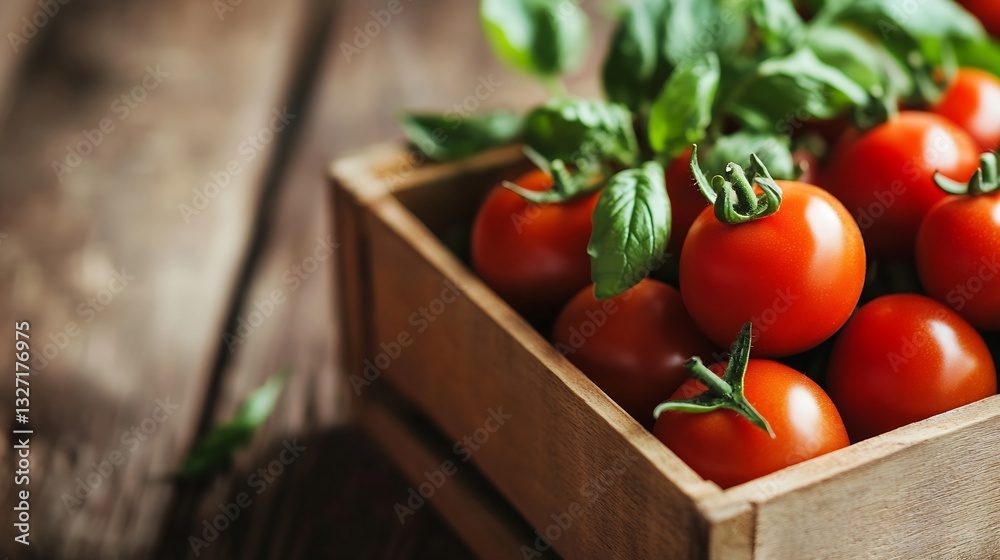 Poster Fresh red tomatoes arranged in a wooden crate with basil leaves on a rustic surface : Generative AI