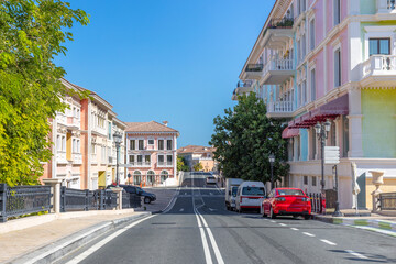 Qanat Quartier Venetian copy luxury residential district with authentic colorful apartment buildings, Pearl Island, Doha, Qatar