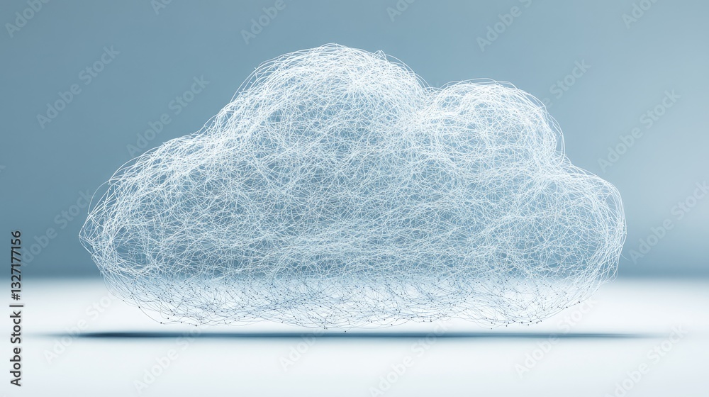 Poster a d-rendered image of a two-tone cloud with interconnected server nodes, representing cloud-based in
