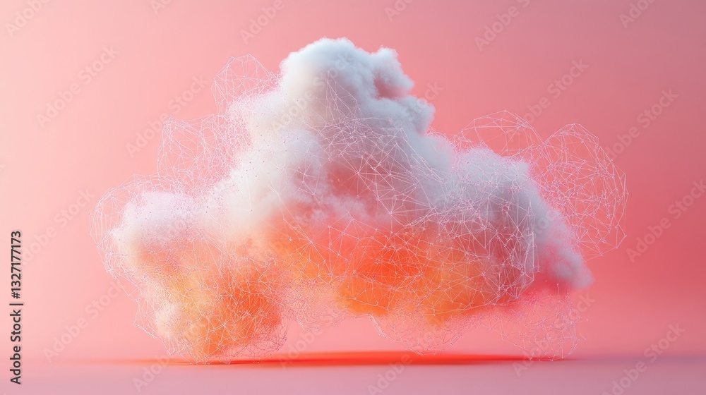 Poster a d-rendered image of a two-tone cloud with interconnected server nodes, representing cloud-based in
