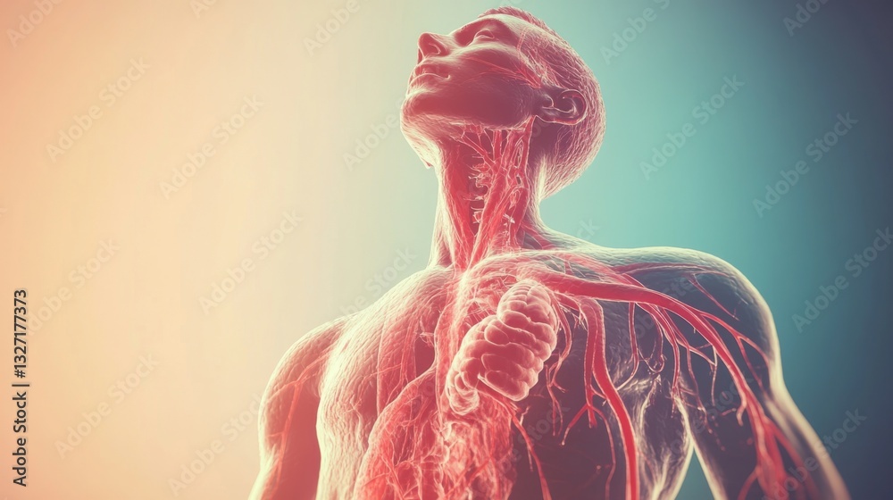 Poster an artistic rendering of the human circulatory system, featuring arteries and veins flowing through 