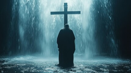 Solitude and Faith: A Figure Before a Waterfall and Cross